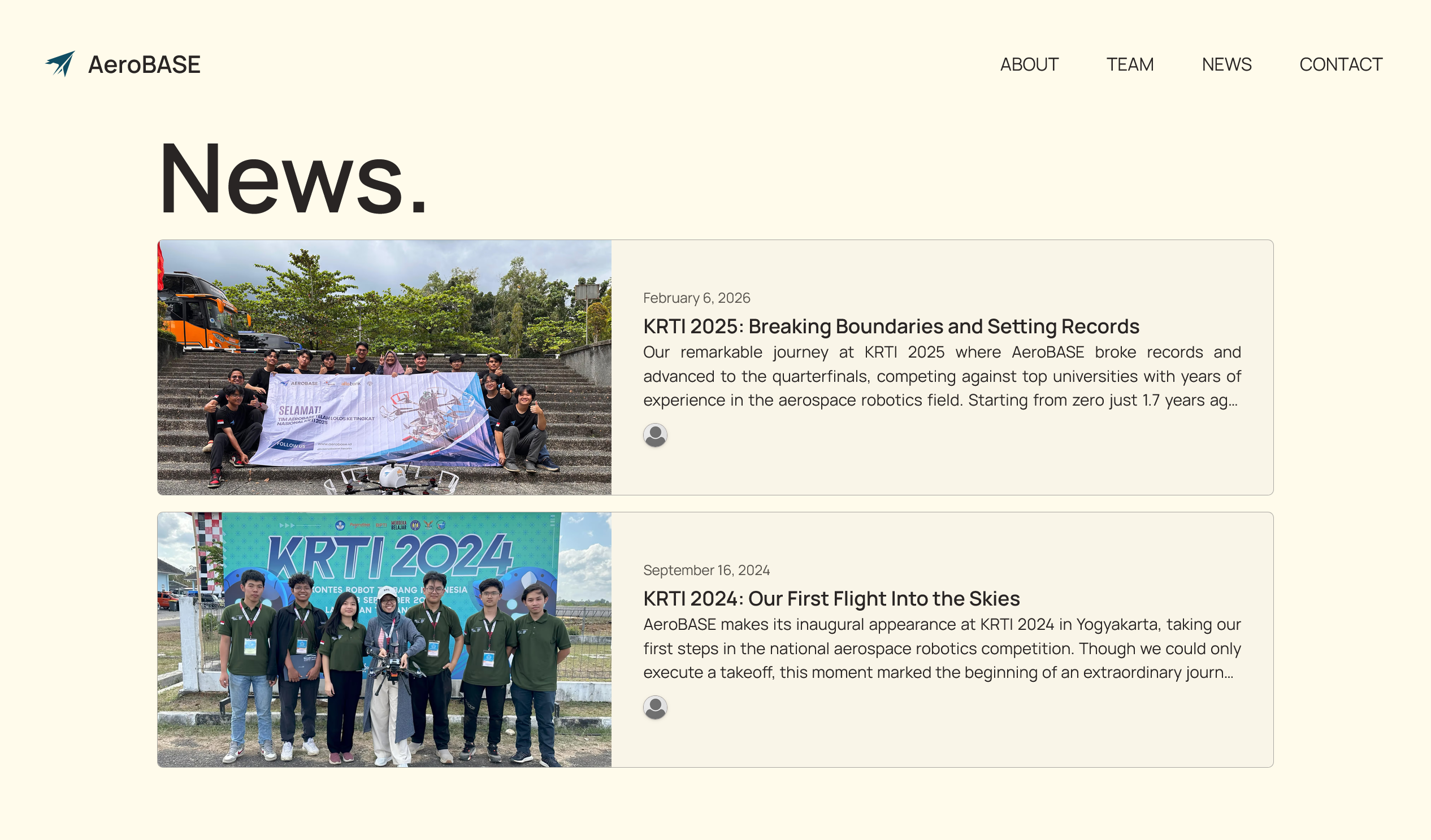 screenshot of the AeroBASE website news page